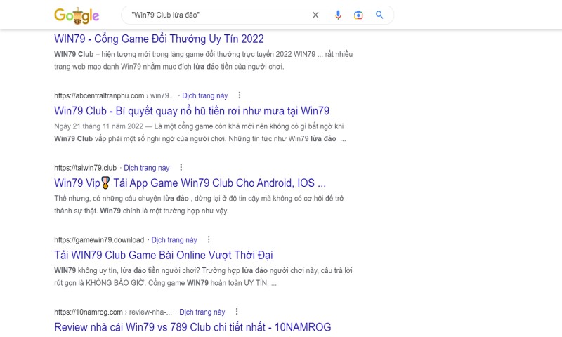 "Win79 Club lừa đảo" trên Google