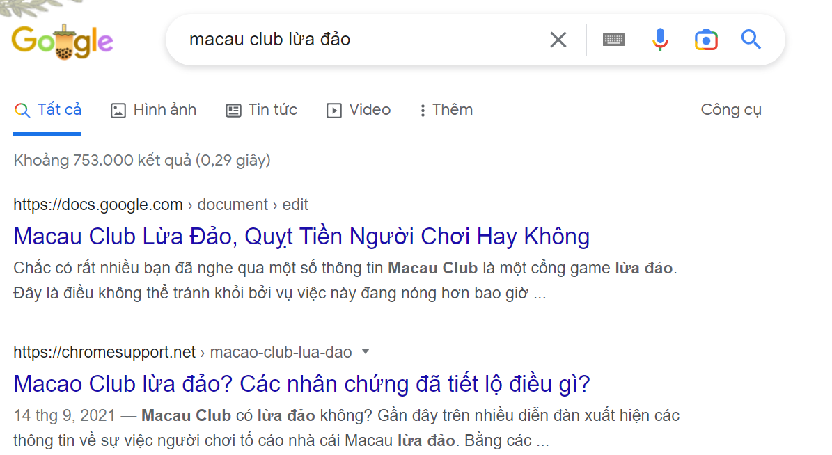 Số lượng phốt Macau Club trên Google 